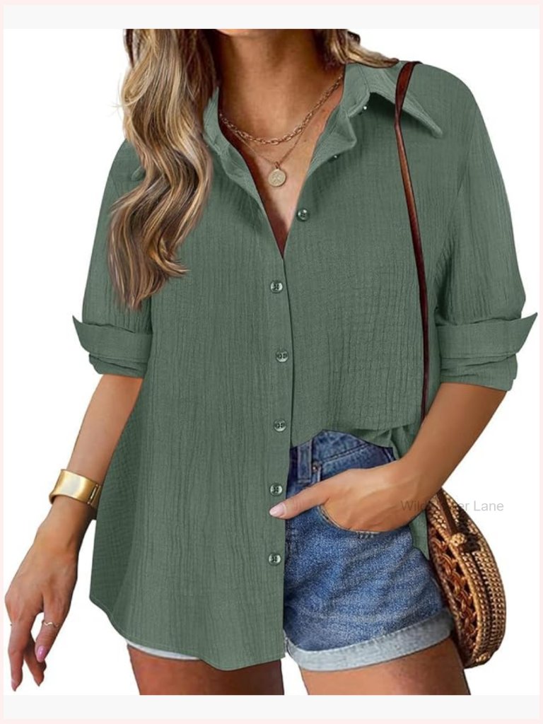 Plus Size Button Down Shirt Long Sleeve Collared Blouse Women Tops Spring